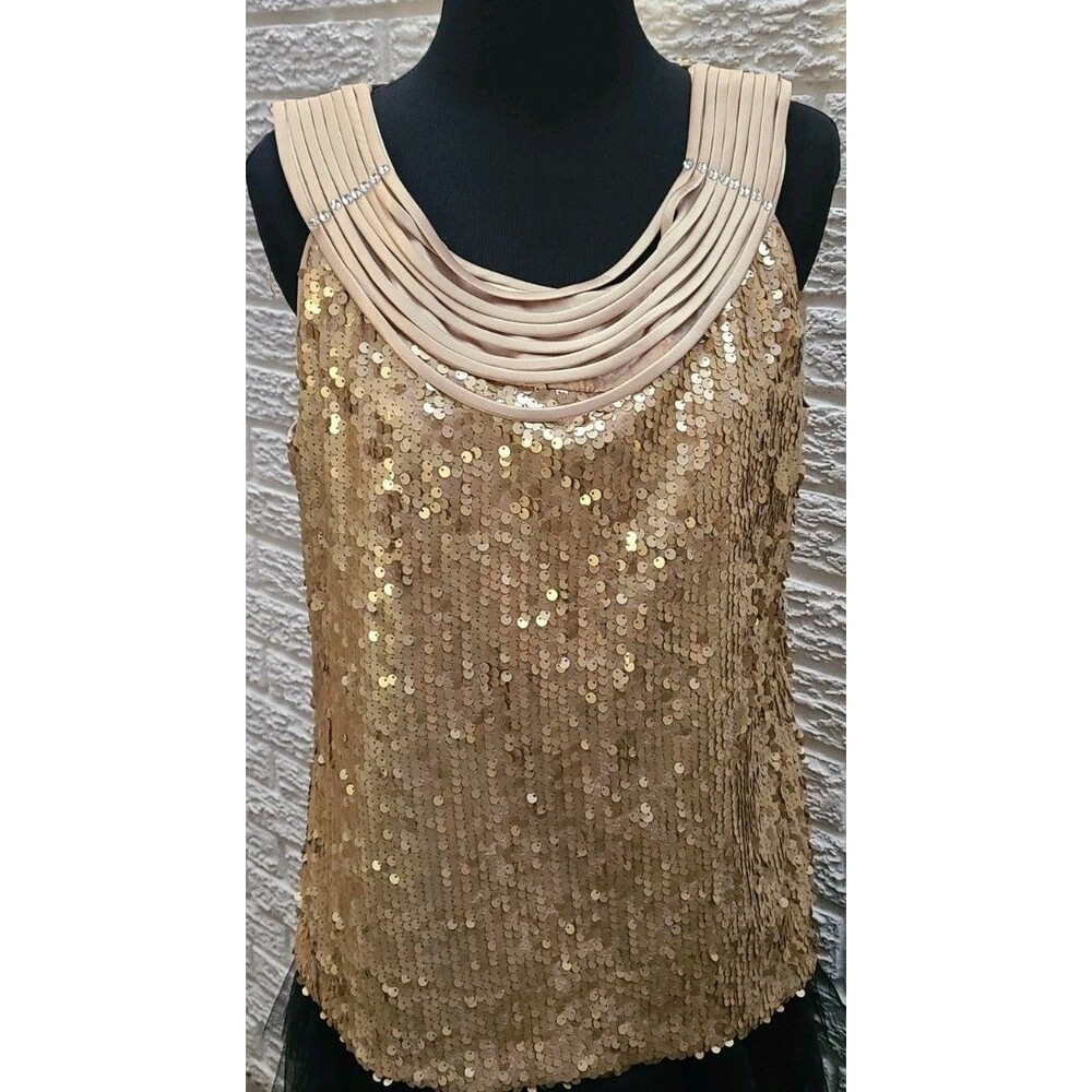R&M Richards Women Gold Sequin Sleeveless Top Size L w Rhinestone & Ribbon